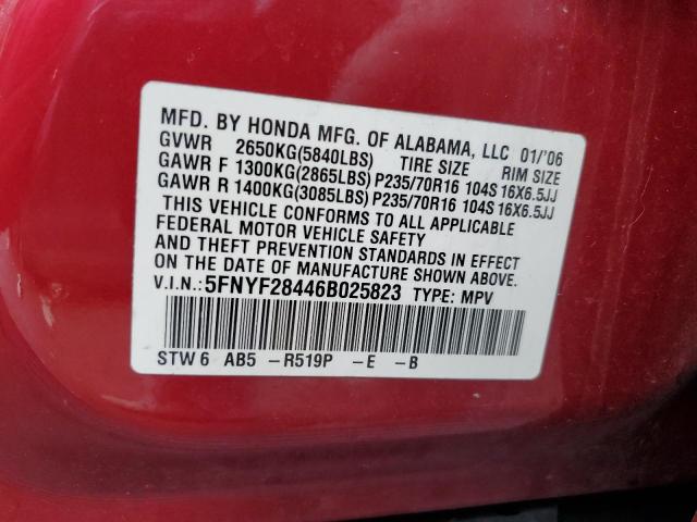 5FNYF28446B025823 - 2006 HONDA PILOT EX BURGUNDY photo 13