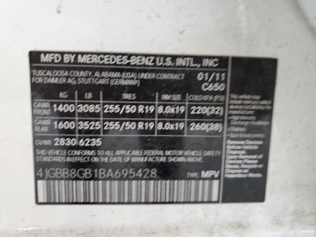4JGBB8GB1BA695428 - 2011 MERCEDES-BENZ ML 350 4MATIC WHITE photo 12
