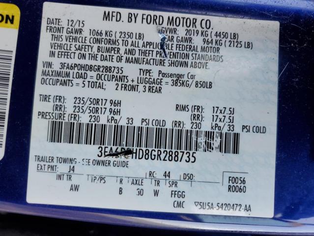 3FA6P0HD8GR288735 - 2016 FORD FUSION SE BLUE photo 12