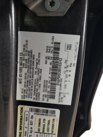 3FA6P0HD3KR103743 - 2019 FORD FUSION SE BLACK photo 12