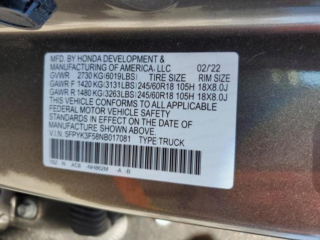 5FPYK3F58NB017081 - 2022 HONDA RIDGELINE RTL GRAY photo 13