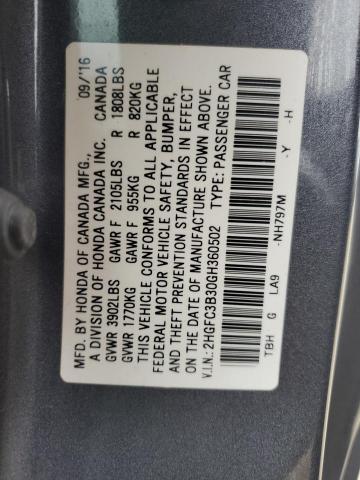 2HGFC3B30GH360502 - 2016 HONDA CIVIC EX GRAY photo 12