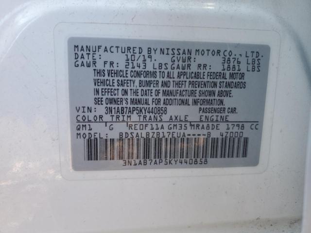 3N1AB7AP5KY440858 - 2019 NISSAN SENTRA S WHITE photo 14