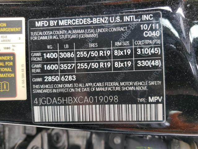 4JGDA5HBXCA019098 - 2012 MERCEDES-BENZ ML 350 4MATIC BLACK photo 13