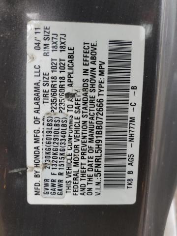 5FNRL5H91BB072666 - 2011 HONDA ODYSSEY TOURING GRAY photo 12