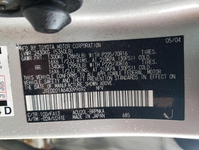 JTEDD21A640099692 - 2004 TOYOTA HIGHLANDER SILVER photo 12