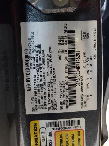 3FA6P0CD4KR145281 - 2019 FORD FUSION SEL GRAY photo 12