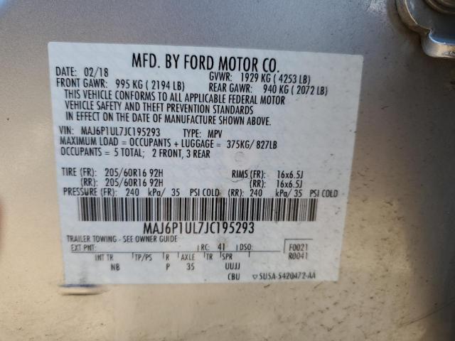 MAJ6P1UL7JC195293 - 2018 FORD ECOSPORT SE ვერცხლისფერი ფოტო 13