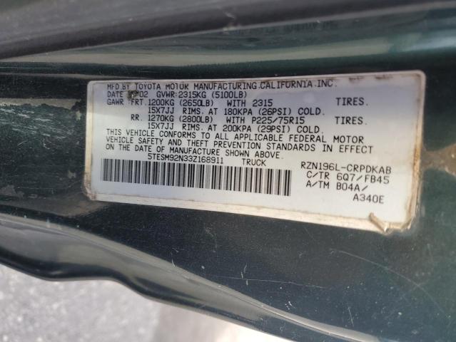 5TESM92N33Z168911 - 2003 TOYOTA TACOMA XTRACAB PRERUNNER მწვანე ფოტო 12