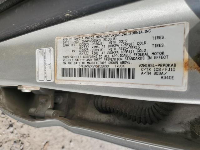 5TEGN92N23Z202890 - 2003 TOYOTA TACOMA DOUBLE CAB PRERUNNER SILVER photo 13