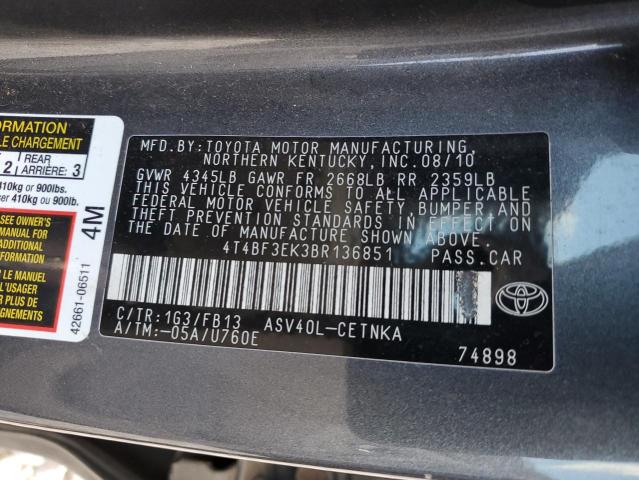 4T4BF3EK3BR136851 - 2011 TOYOTA CAMRY BASE GRAY photo 12