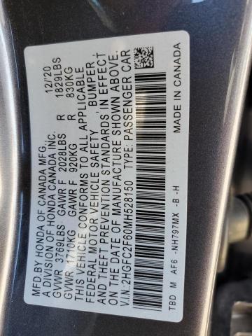 2HGFC2F60MH528150 - 2021 HONDA CIVIC LX GRAY photo 12