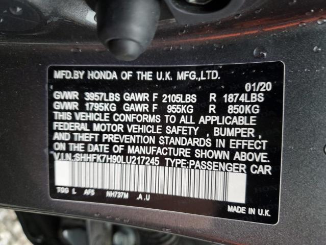 SHHFK7H90LU217245 - 2020 HONDA CIVIC SPORT TOURING GRAY photo 12