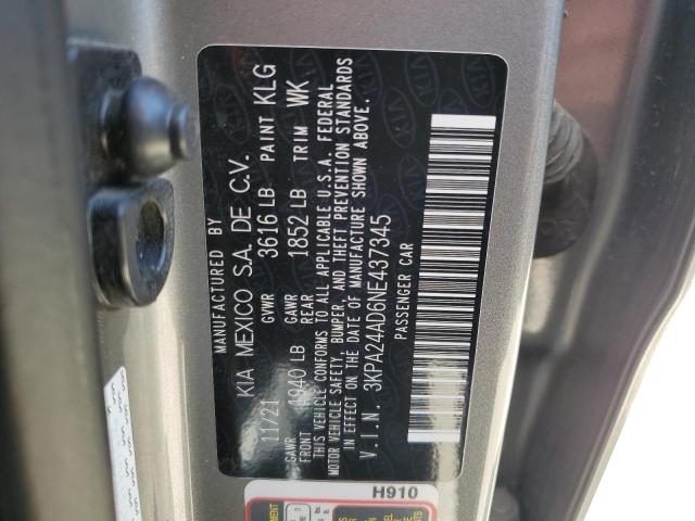 3KPA24AD6NE437345 - 2022 KIA RIO LX SILVER photo 12