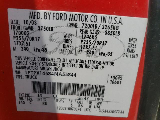 1FTPX14584NA55844 - 2004 FORD F-150 RED photo 10