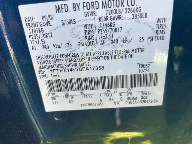 1FTPX14V78FA17358 - 2008 FORD F150 BLUE photo 10