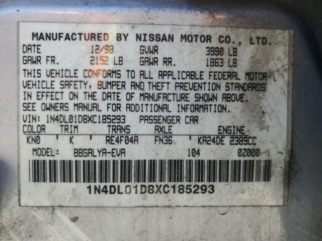 1N4DL01D8XC185293 - 1999 NISSAN ALTIMA XE SILVER photo 12