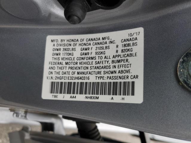 2HGFC1E32JH640316 - 2018 HONDA CIVIC EX SILVER photo 12