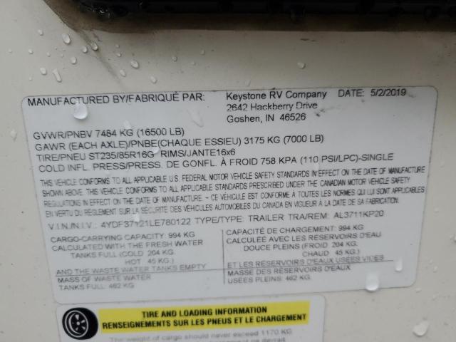 4YDF37121LE780122 - 2020 ALPI 5TH WHEEL TAN photo 10