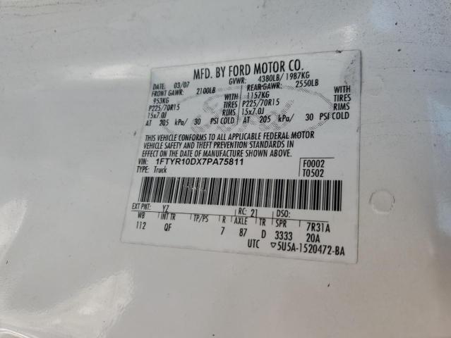 1FTYR10DX7PA75811 - 2007 FORD RANGER WHITE photo 13