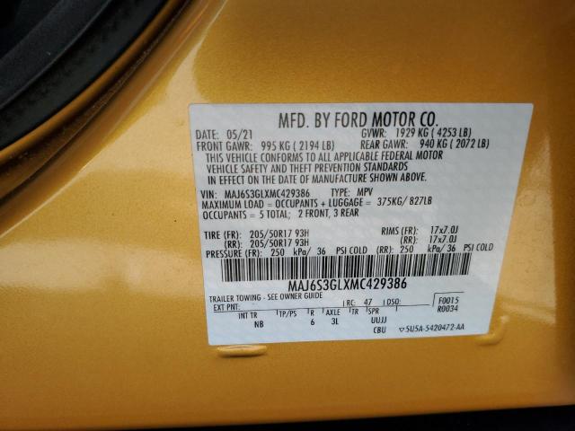 MAJ6S3GLXMC429386 - 2021 FORD ECOSPORT SE ORANGE photo 12