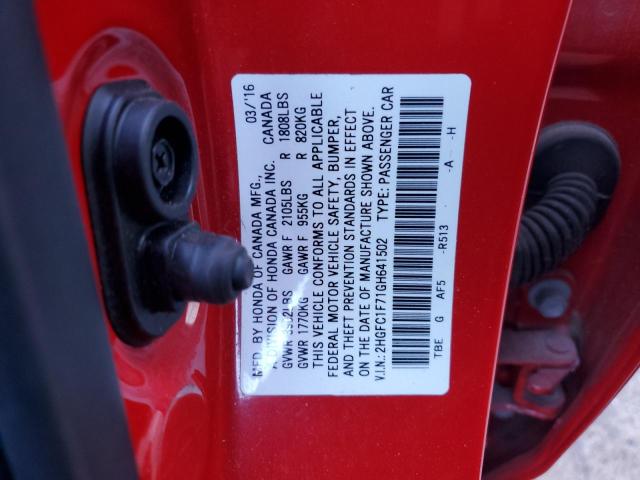 2HGFC1F71GH641502 - 2016 HONDA CIVIC EXL 红色 照片 12