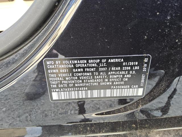 1VWLA7A3XKC014594 - 2019 VOLKSWAGEN PASSAT WOLFSBURG 黑色 照片 12