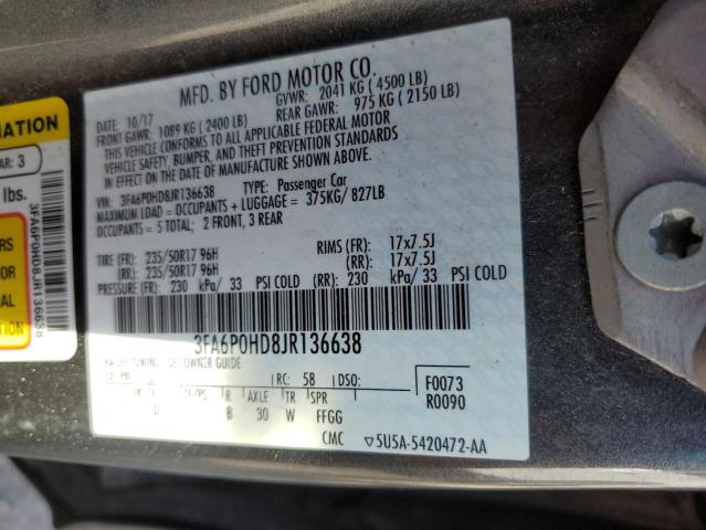 3FA6P0HD8JR136638 - 2018 FORD FUSION SE GRAY photo 12