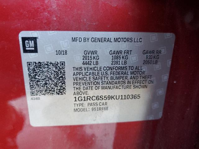 1G1RC6S59KU110365 - 2019 CHEVROLET VOLT LT RED photo 12