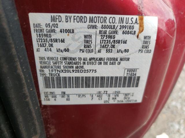 1FTNX20L92ED25775 - 2002 FORD F250 SUPER DUTY BURGUNDY photo 12