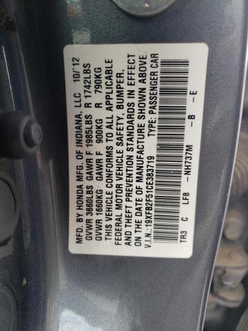 19XFB2F51CE383719 - 2012 HONDA CIVIC LX GRAY photo 13