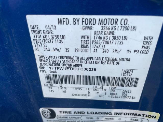 1FTFW1ET6DFC36236 - 2013 FORD F150 SUPERCREW BLUE photo 10