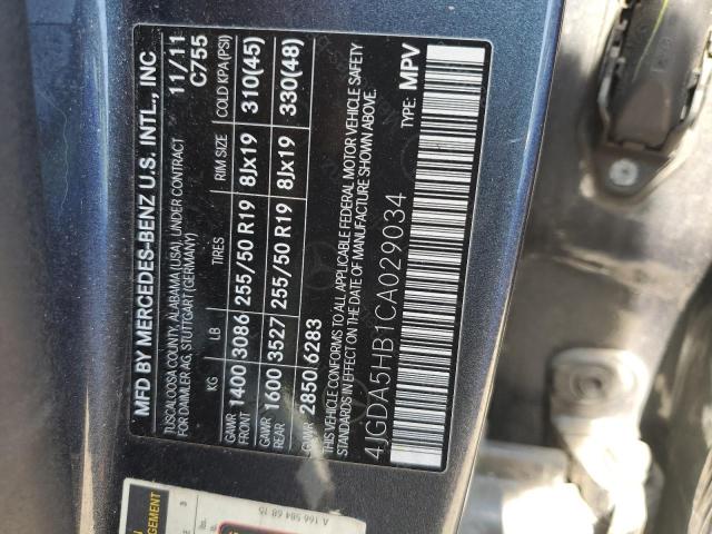 4JGDA5HB1CA029034 - 2012 MERCEDES-BENZ ML 350 4MATIC BLACK photo 13