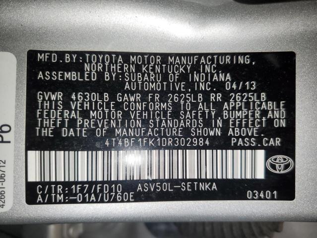 4T4BF1FK1DR302984 - 2013 TOYOTA CAMRY L SILVER photo 12