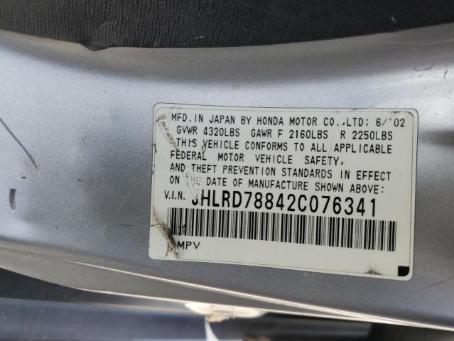 JHLRD78842C076341 - 2002 HONDA CR-V EX SILVER photo 12