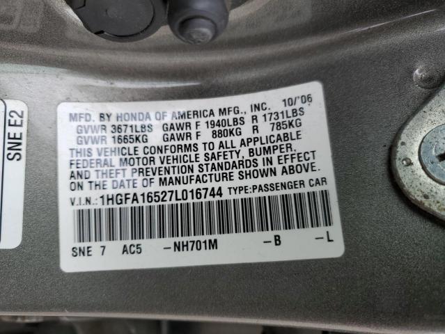 1HGFA16527L016744 - 2007 HONDA CIVIC LX GRAY photo 12