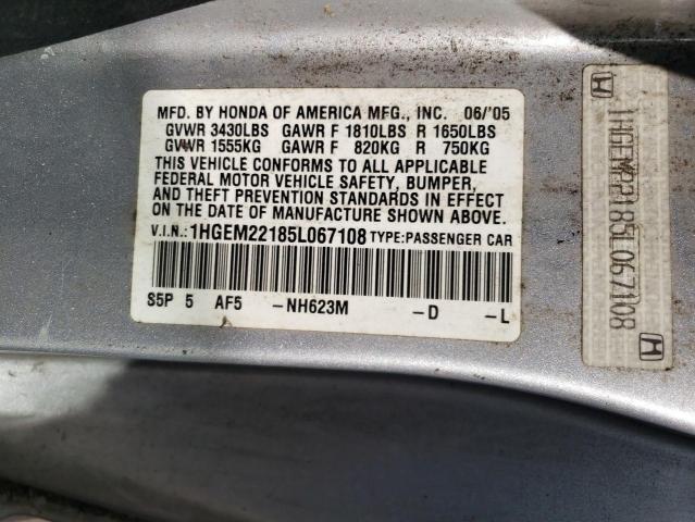 1HGEM22185L067108 - 2005 HONDA CIVIC DX VP Արծաթագույն լուսանկար 12