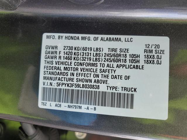 5FPYK3F59LB030838 - 2020 HONDA RIDGELINE RTL GRAY photo 12