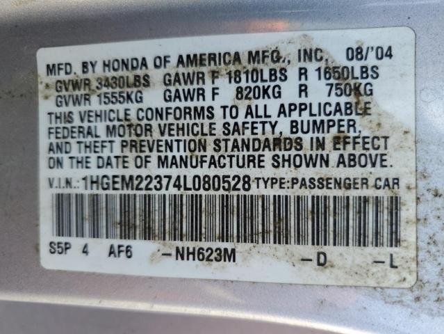 1HGEM22374L080528 - 2004 HONDA CIVIC DX VP Gümüş foto 12