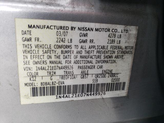 1N4AL21E07N449926 - 2007 NISSAN ALTIMA 2.5 SILVER photo 12