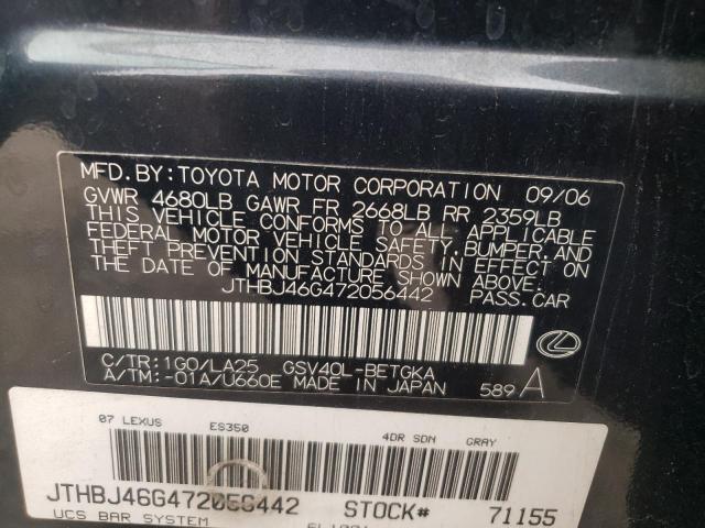 JTHBJ46G472056442 - 2007 LEXUS ES 350 CHARCOAL photo 12