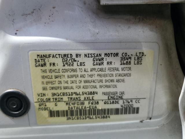 3N1CB51D96L543884 - 2006 NISSAN SENTRA 1.8 WHITE photo 13