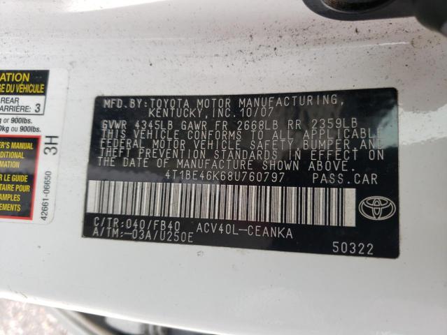 4T1BE46K68U760797 - 2008 TOYOTA CAMRY CE WHITE photo 12