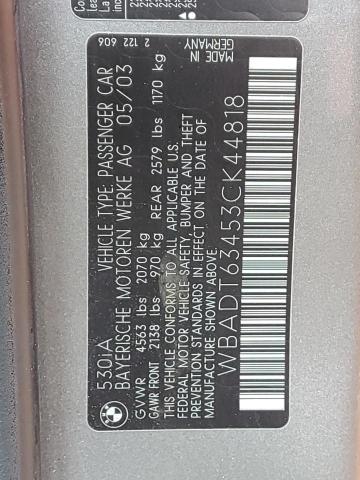 WBADT63453CK44818 - 2003 BMW 5 SERIES I AUTOMATIC GRAY photo 12