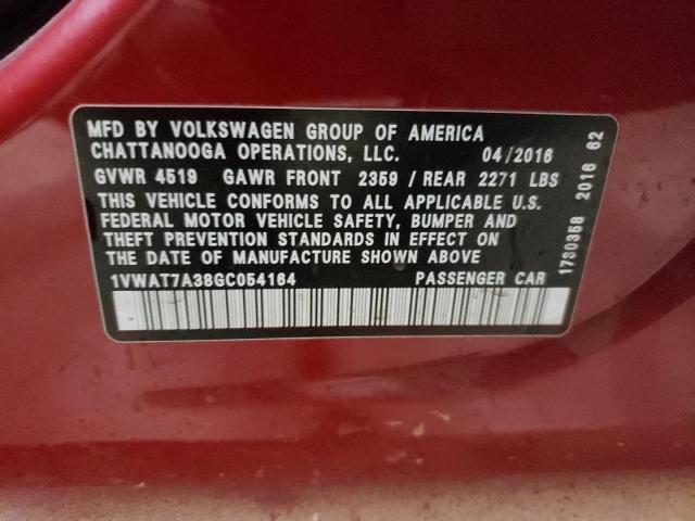 1VWAT7A38GC054164 - 2016 VOLKSWAGEN PASSAT S 勃艮第红 照片 12