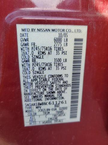 5N1AR18W86C611261 - 2006 NISSAN PATHFINDER LE წითელი ფოტო 13