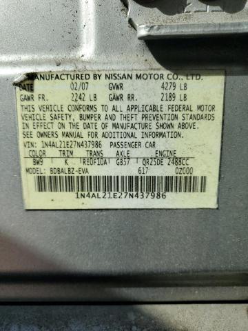 1N4AL21E27N437986 - 2007 NISSAN ALTIMA 2.5 SILVER photo 12