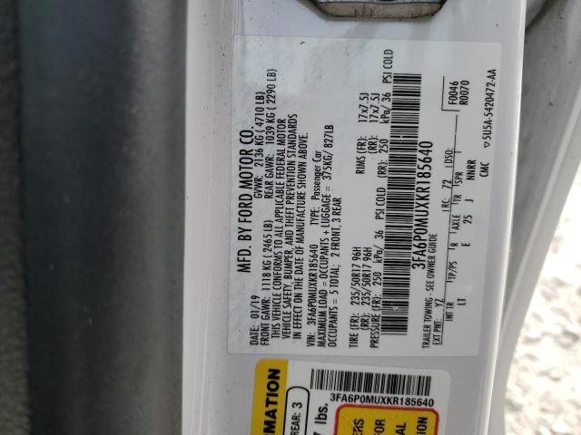 3FA6P0MUXKR185640 - 2019 FORD FUSION SEL WHITE photo 12