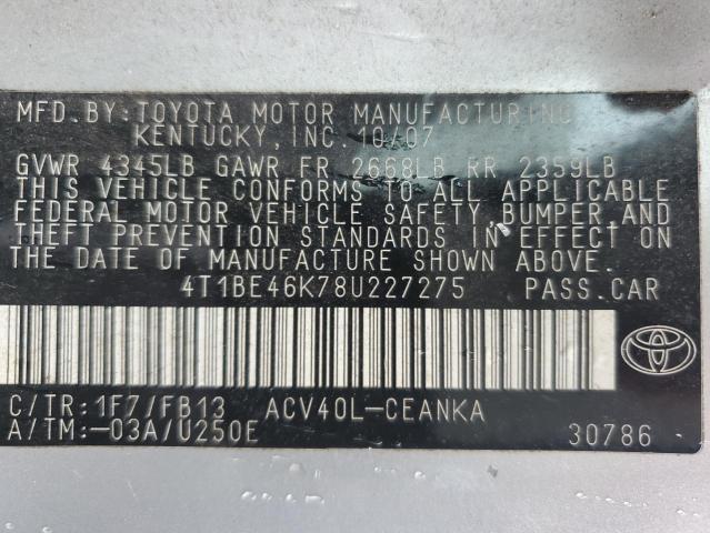 4T1BE46K78U227275 - 2008 TOYOTA CAMRY CE SILVER photo 13