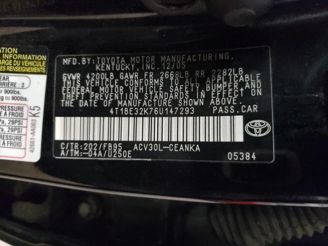 4T1BE32K76U147293 - 2006 TOYOTA CAMRY LE BLACK photo 12